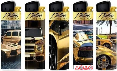 5 x Feuerzeug Gas Feuerzeuge Lighter neue Motiv Design Serie Auto Cars Gold